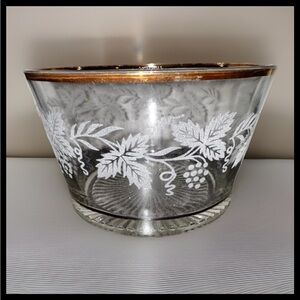Vintage Etched Glass Grape Bowl Gold Rim Mid Century Decorative Dish